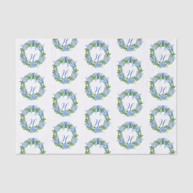 Watercolor Chinoiserie Wreath Christmas Monogram Tissue Paper (Front)