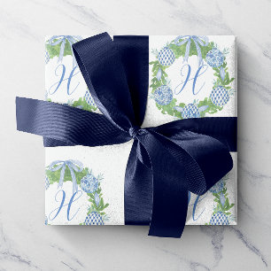 Watercolor Chinoiserie Wreath Christmas Monogram Wrapping Paper