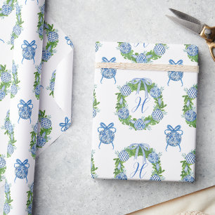 Watercolor Chinoiserie Wreath Christmas Monogram Wrapping Paper