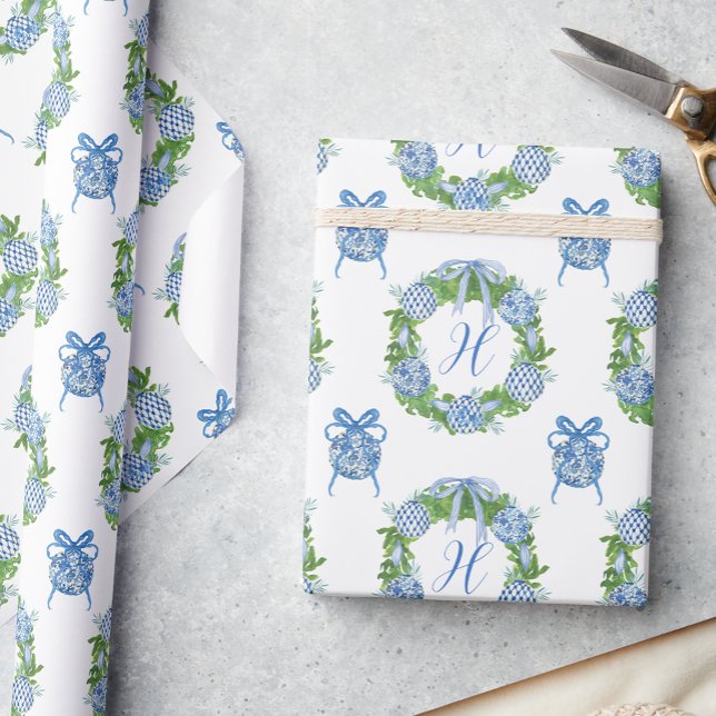 Watercolor Chinoiserie Wreath Christmas Monogram Wrapping Paper (Creator Uploaded)