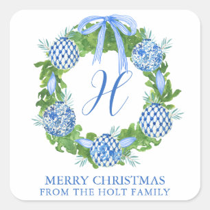 Watercolor Chinoiserie Wreath Christmas Square Sticker