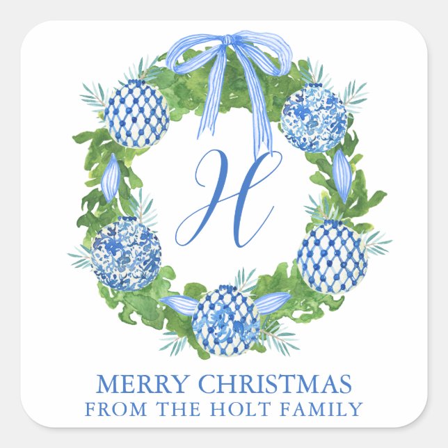 Watercolor Chinoiserie Wreath Christmas Square Sticker (Front)