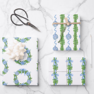 Watercolor Chinoiserie Wreath & Garland Christmas Wrapping Paper Sheet