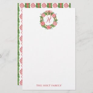 Watercolor Chinoiserie Wreath Monogram Christmas Stationery
