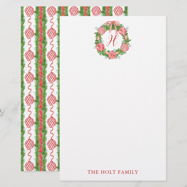 Watercolor Chinoiserie Wreath Monogram Christmas Stationery (Front/Back)