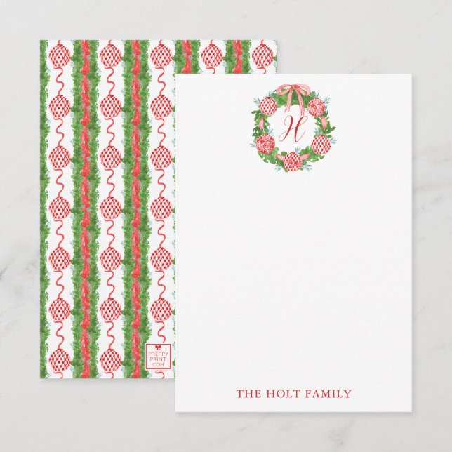 Watercolor Chinoiserie Wreath Monogram Christmas Thank You Card (Front/Back)