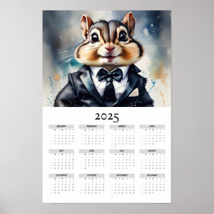 Watercolor Chipmunk Tux Bow Tie 2025 Wall Calendar Poster