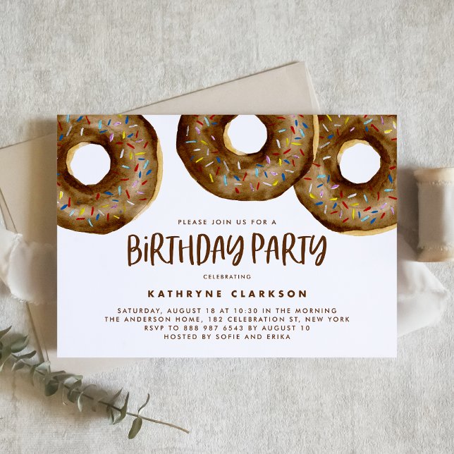 Watercolor Chocolate Sprinkle Doughnuts Birthday Invitation (Creator Uploaded)