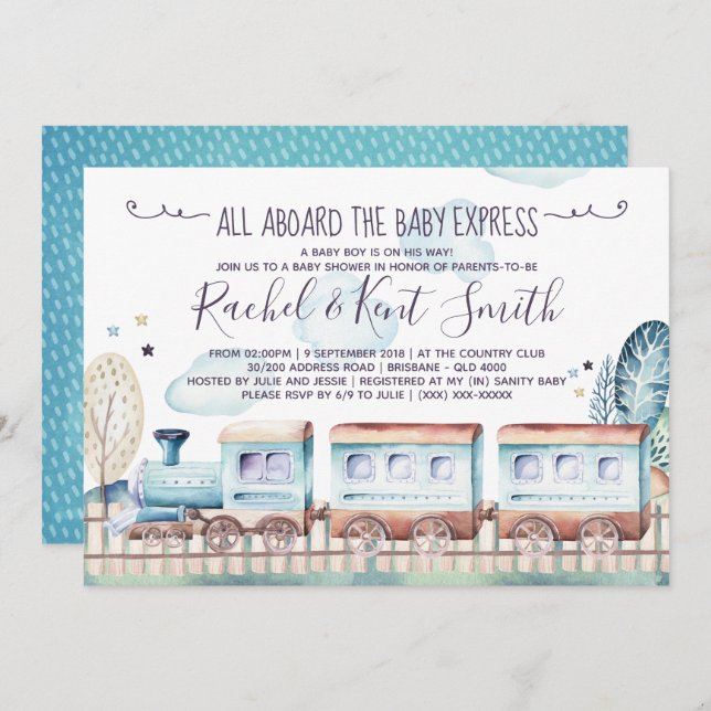 Watercolor Choo Choo Train Baby Shower Invitation (Front/Back)