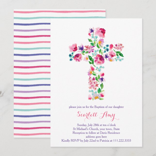 watercolor Christening invitations, pink purple Invitation (Front/Back)