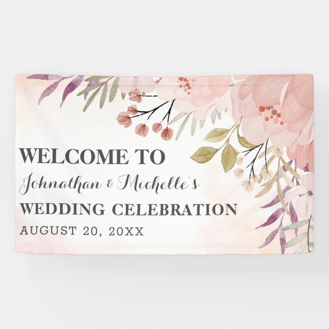 Watercolor Christian Blush Pink Floral Wedding  Banner (Horizontal)