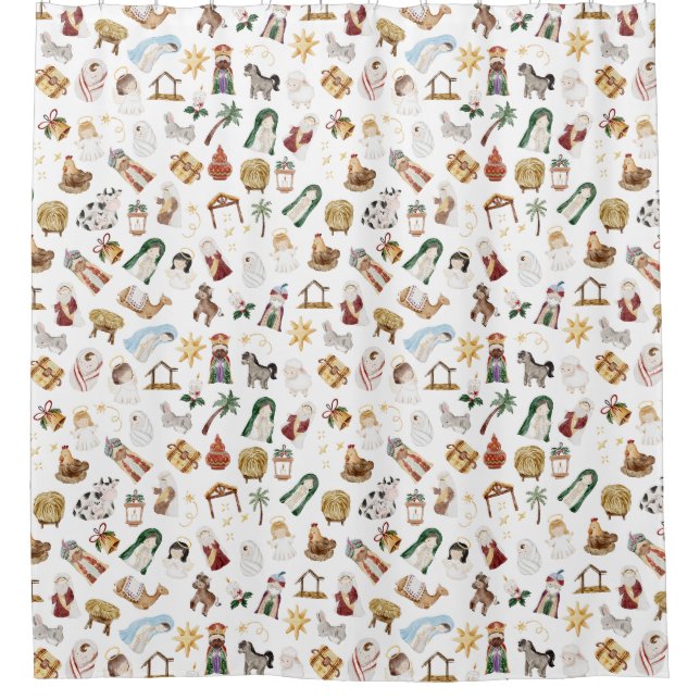 Watercolor Christian Christmas Nativity Shower Curtain (Front)