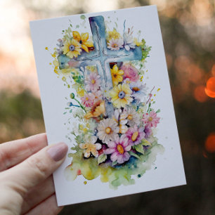 Watercolor Christian Cross and Spring Flowers Holiday Card