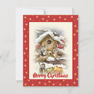 Watercolor Christmas Apple Birds Snow Berries Red Holiday Card