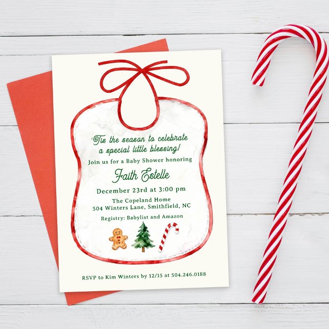 Watercolor Christmas Baby Shower Bib Invitation (Creator Uploaded)