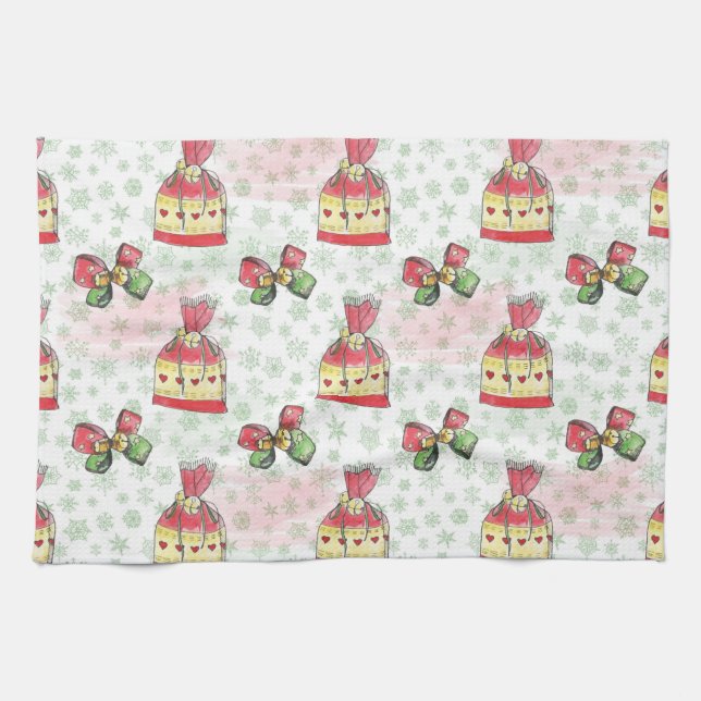 Watercolor christmas bag of sweets tea towel (Horizontal)