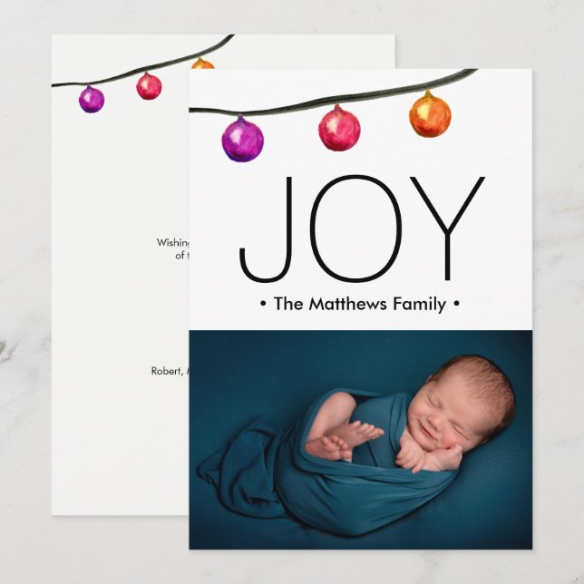 Watercolor Christmas Balls Baby boy photo  Holiday Card (Front/Back)