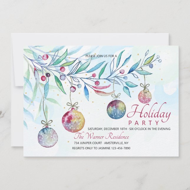 Watercolor Christmas Balls Invitation (Front)