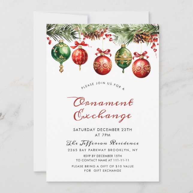 Watercolor Christmas Balls Ornament Exchange Invitation (Front)