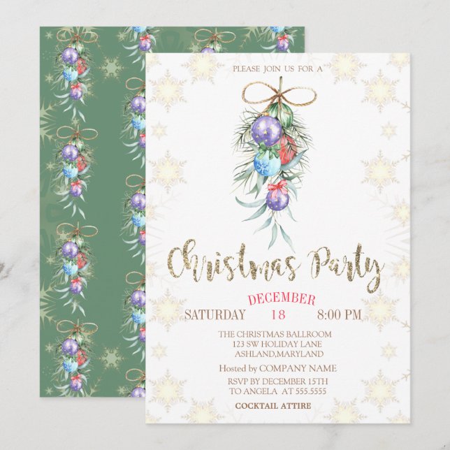 Watercolor Christmas Balls Party Invitation (Front/Back)
