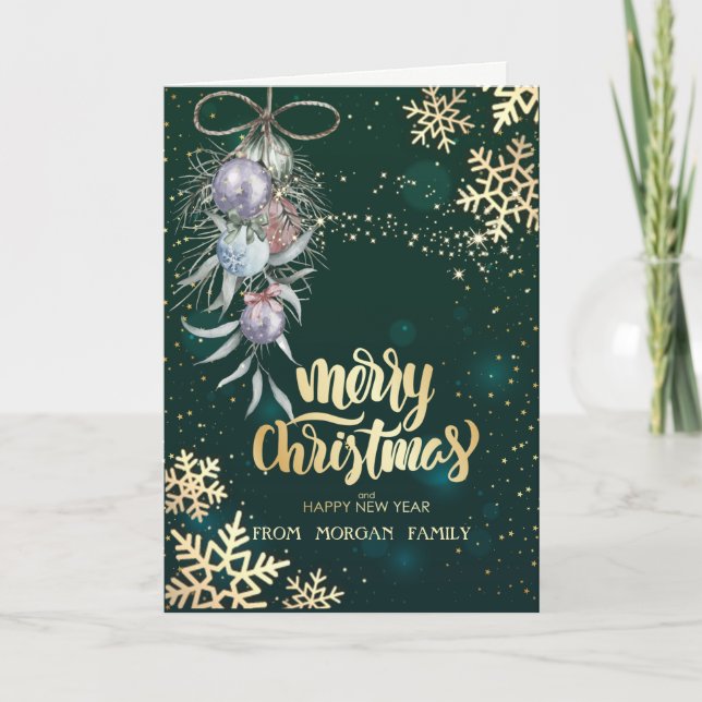 Watercolor Christmas Balls,Snowflakes Green  Holiday Card (Front)