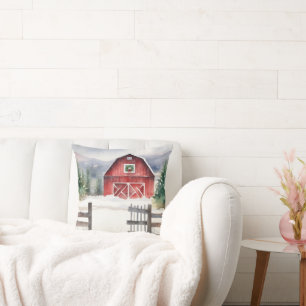 Watercolor Christmas Barn In Snow Cushion