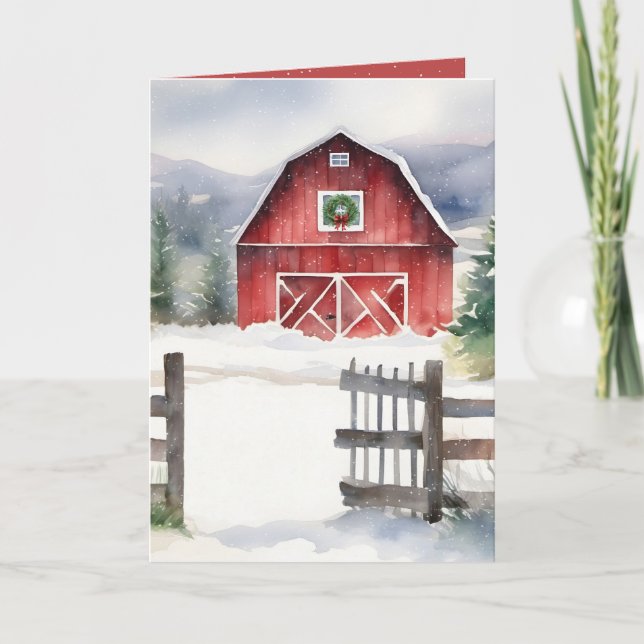 Watercolor Christmas Barn In Snow Holiday Card (Front)