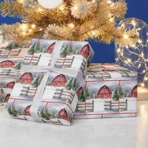 Watercolor Christmas Barn In Snow Wrapping Paper