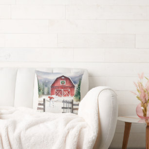 Watercolor Christmas Barn With Snowman Cushion