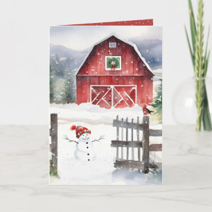 Watercolor Christmas Barn With Snowman Holiday Card