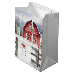 Watercolor Christmas Barn With Snowman Medium Gift Bag
