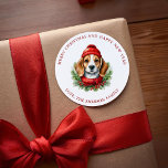 Watercolor Christmas Beagle Dog  Classic Round Sticker<br><div class="desc">Sweet watercolor style illustration of an adorable Beagle dog wearing a red scarf and hat on a background of christmas greenery.</div>