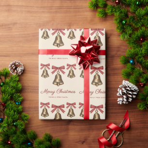 Watercolor Christmas Bells And Red Bows Festive Wrapping Paper