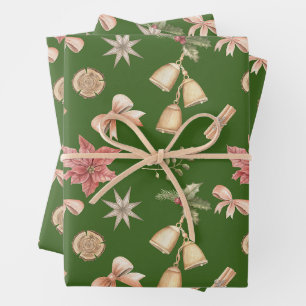 Watercolor Christmas Bells, Poinsettia Green Wrapping Paper Sheet