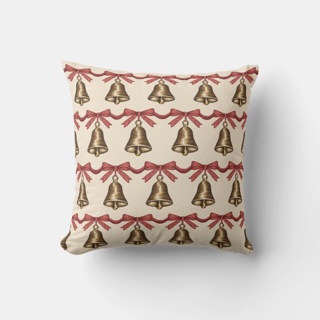 Watercolor Christmas Bells With Red Bows Pattern Cushion (Front)