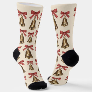 Watercolor Christmas Bells With Red Bows Pattern Socks