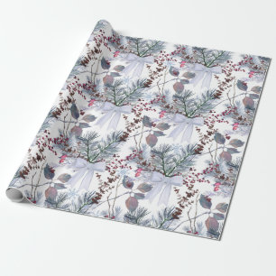 Watercolor Christmas Berries and Pine Branches Wrapping Paper