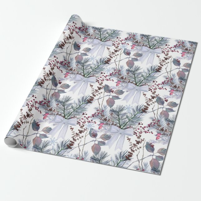 Watercolor Christmas Berries and Pine Branches Wrapping Paper (Unrolled)