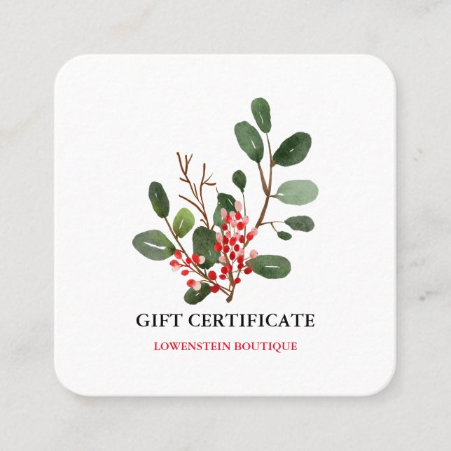 Watercolor Christmas Berry Holly Gift Certificate (Front)