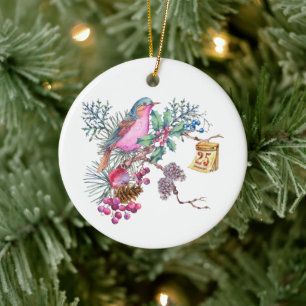 Watercolor Christmas Bird and Berries Ceramic Tree Decoration