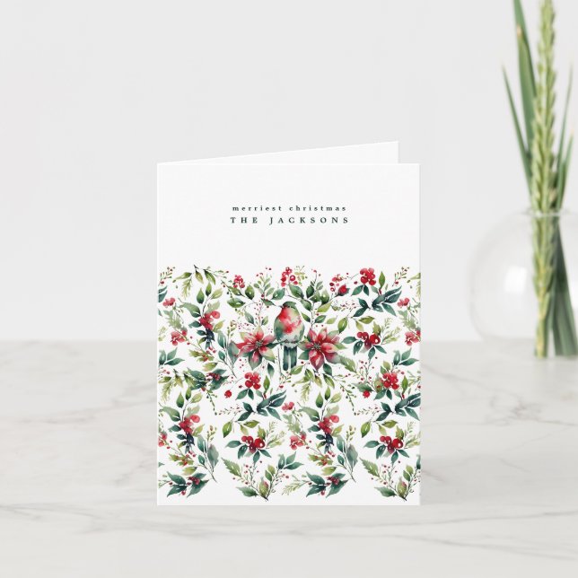 Watercolor Christmas Bird and Botanicals | Photo Holiday Card (Front)