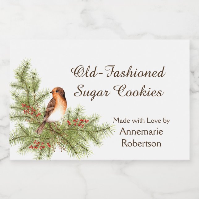 Watercolor Christmas Bird Holly Berries Pine Food Label (Single Label)