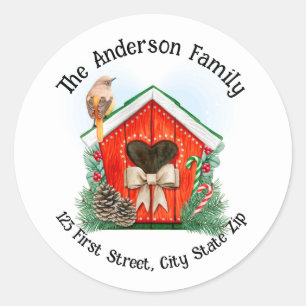 Watercolor Christmas Bird House  Classic Round Sticker