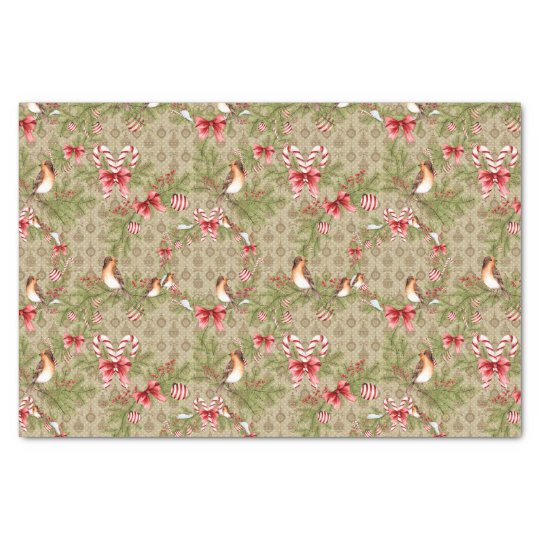 Watercolor Christmas Bird Pine Branches Holly Tissue Paper
