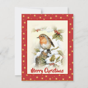 Watercolor Christmas Bird Snow Holly Berry Red  Holiday Card