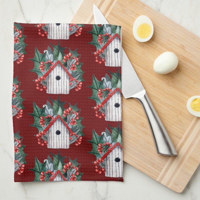 Watercolor Christmas Birdhouse Pattern   Tea Towel (Quarter Fold)