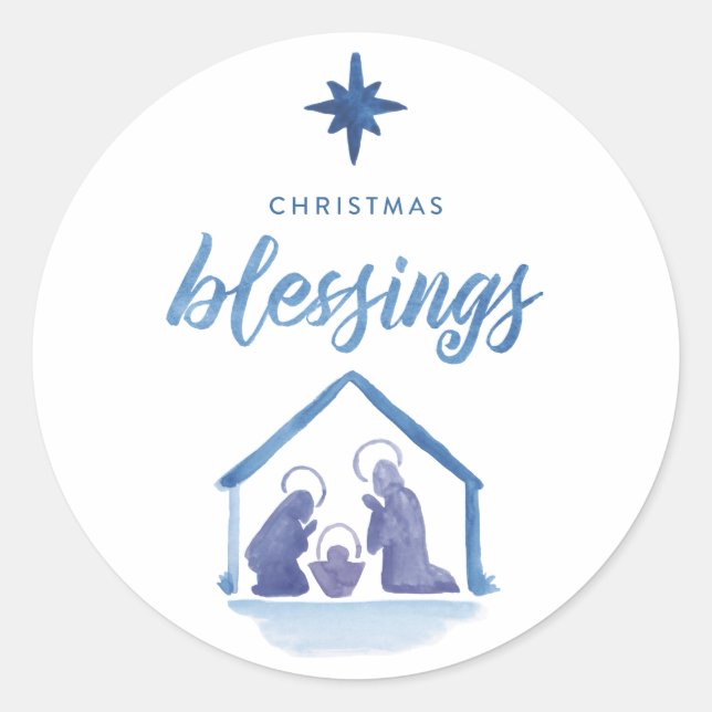Watercolor Christmas Blessings Nativity Holiday Classic Round Sticker (Front)