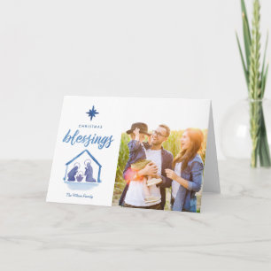 Watercolor Christmas Blessings Nativity Photo Holiday Card