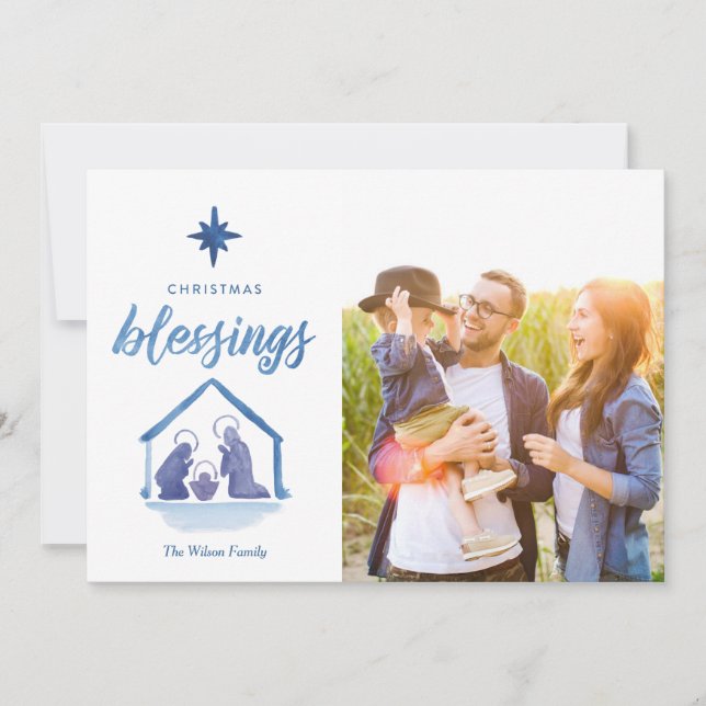 Watercolor Christmas Blessings Nativity Photo Holiday Card (Front)