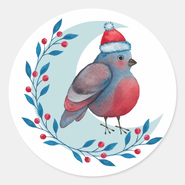 Watercolor Christmas Blue Bird On Moon Classic Round Sticker (Front)